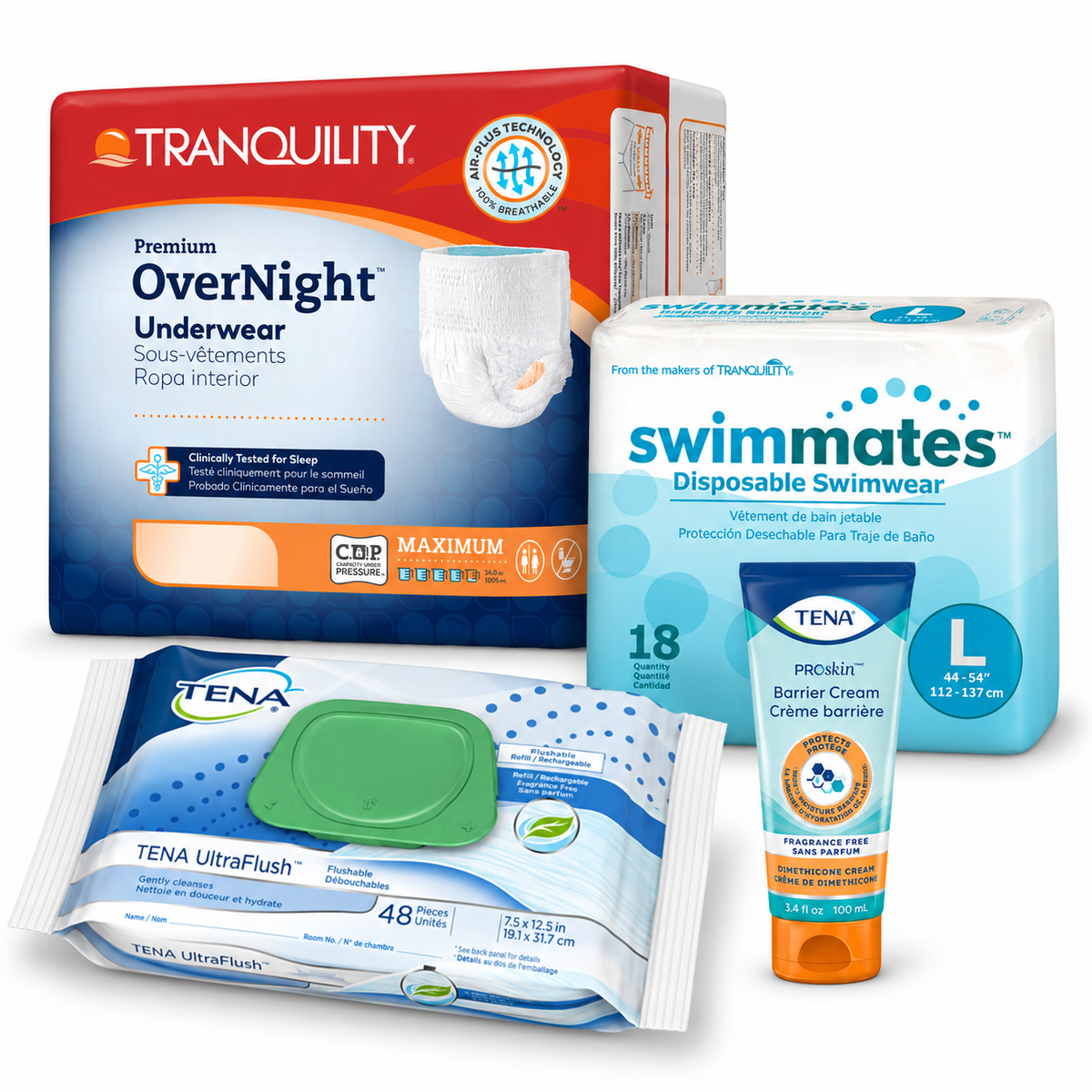 Incontinence Travel Set – overnight underwear, Swimmates, washcloths and barrier cream