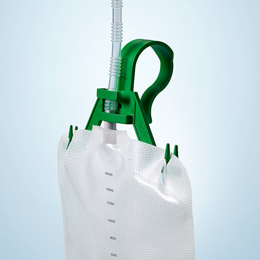 Conveen bag hanger shown supporting a drainage bag; bag sold separately
