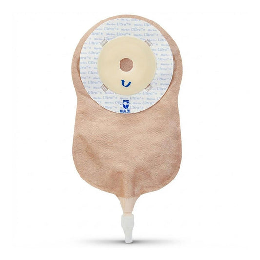 Marlen UltraExtra transparent one-piece urostomy pouch with 1¼ × 1½ in oval opening, box of 10
