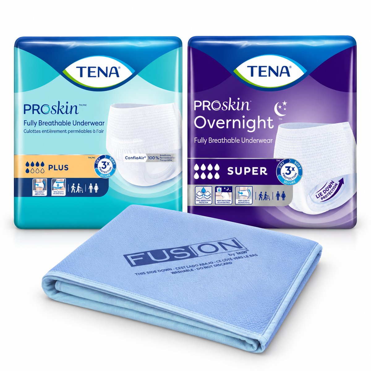 TENA day and night underwear set with one FUSION washable bed pad