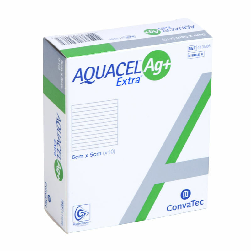AQUACEL Ag+ Extra wound dressing, 5 cm x 5 cm, box of 10